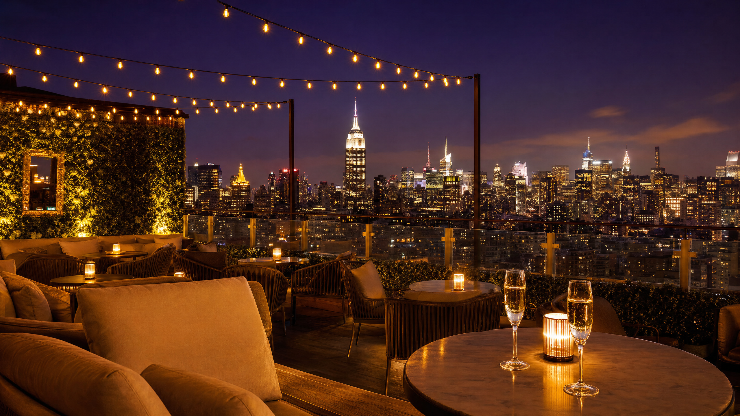 NYC rooftop bar at night with Midtown Manhattan skyline