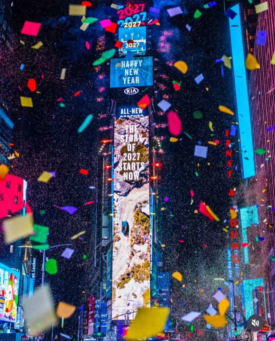 Times Square New Year's Eve ball drop 2027 with confetti over Manhattan